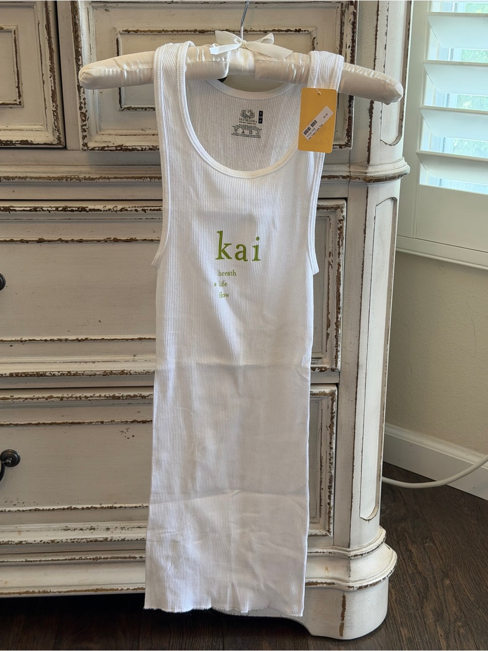 Yoga 🧘🏻 Fruit of the Loom White Ribbed Tank Top with Lime Green Lettering